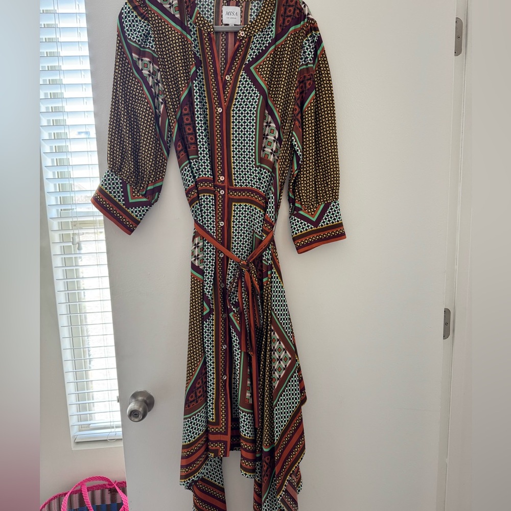 Misa Los Angeles High Low Midi Dress with belt.